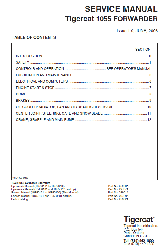 TIGERCAT 1055 FORWARDER SERVICE REPAIR MANUAL (10550101 10550300, 10550101-10550200)