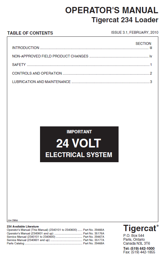 TIGERCAT 234 LOADER OPERATOR MANUAL (2340101-2342100, 2340101-2340600)