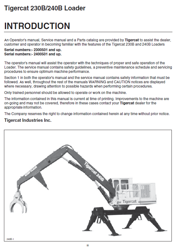 TIGERCAT 240B LOADER OPERATOR MANUAL (2400501-2401500)