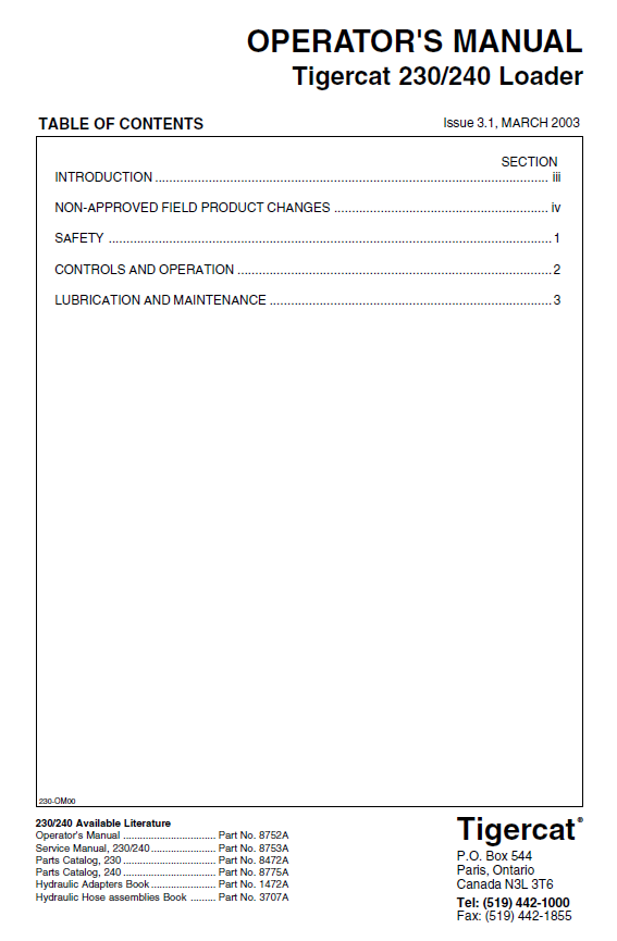 TIGERCAT 240 LOADER OPERATOR MANUAL (2400101-2400499)