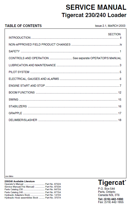 TIGERCAT 240 LOADER SERVICE REPAIR MANUAL (2400101-2400499)