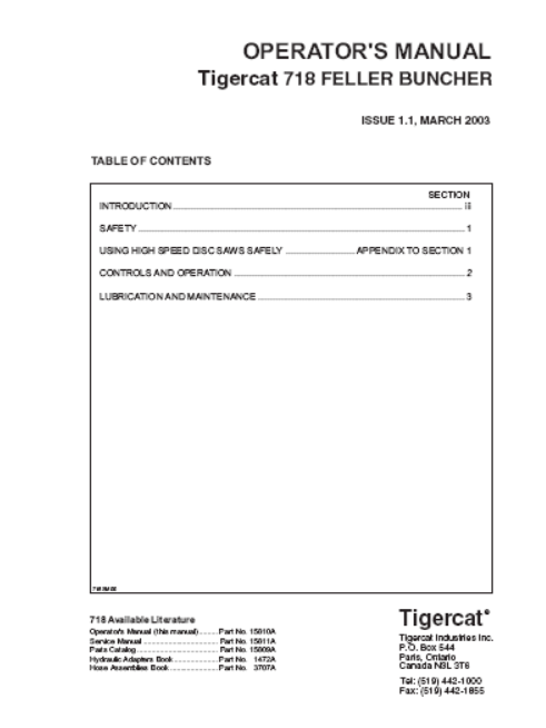 TIGERCAT 718 FELLER BUNCHER OPERATOR MANUAL (7180101 - 7180400)