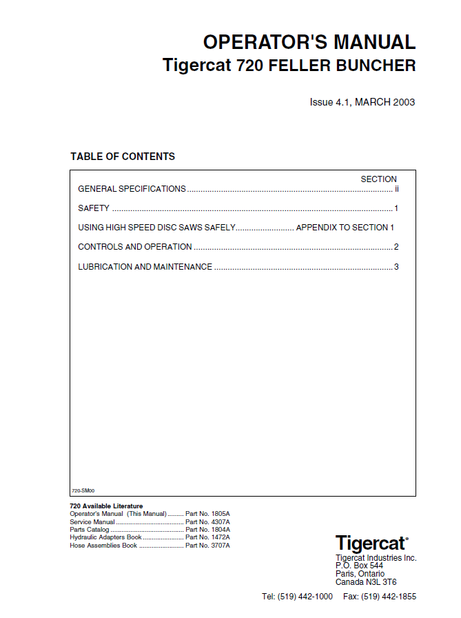 TIGERCAT 720 FELLER BUNCHER OPERATOR MANUAL (7200101 - 7201660) - PDF FILE DOWNLOAD
