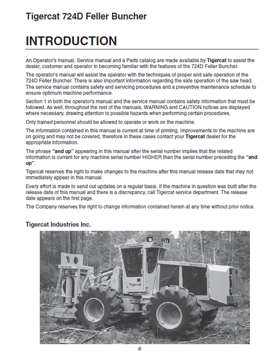 TIGERCAT 724D FELLER BUNCHER OPERATOR MANUAL (7240201-7240999, 7240201-7240580)