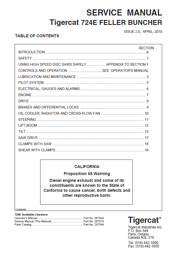 TIGERCAT 724E FELLER BUNCHER SERVICE MANUAL (7241001-7243100, 7241001-7243000)