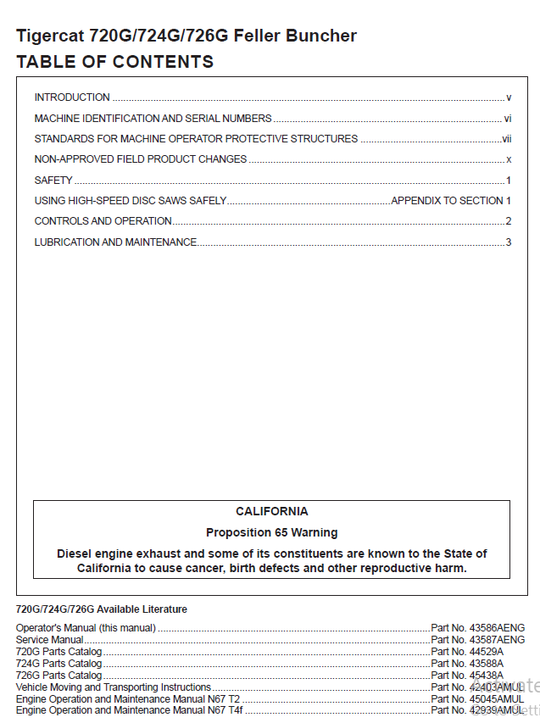 TIGERCAT 724G FELLER BUNCHER OPERATOR MANUAL (7243101-7246000, 7243101-7244000)