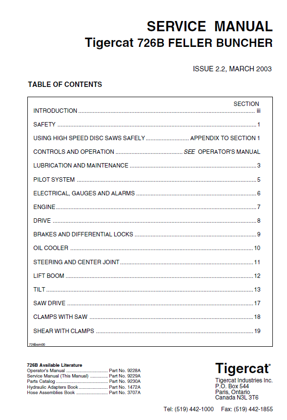 TIGERCAT 726B FELLER BUNCHER SERVICE MANUAL (7261001-7261999)
