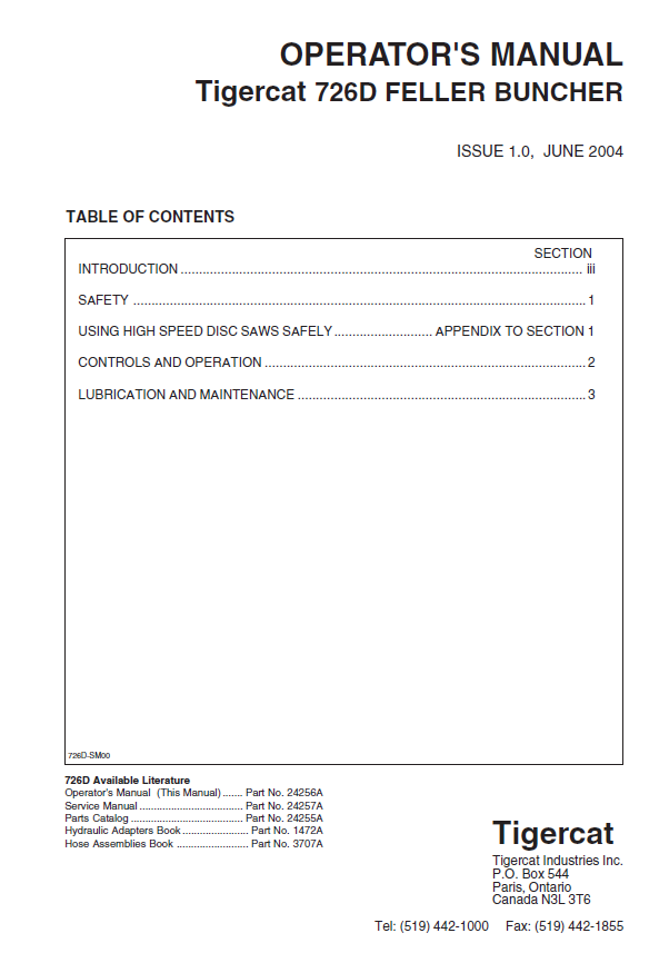 TIGERCAT 726D FELLER BUNCHER OPERATOR MANUAL (7262001-7262499)