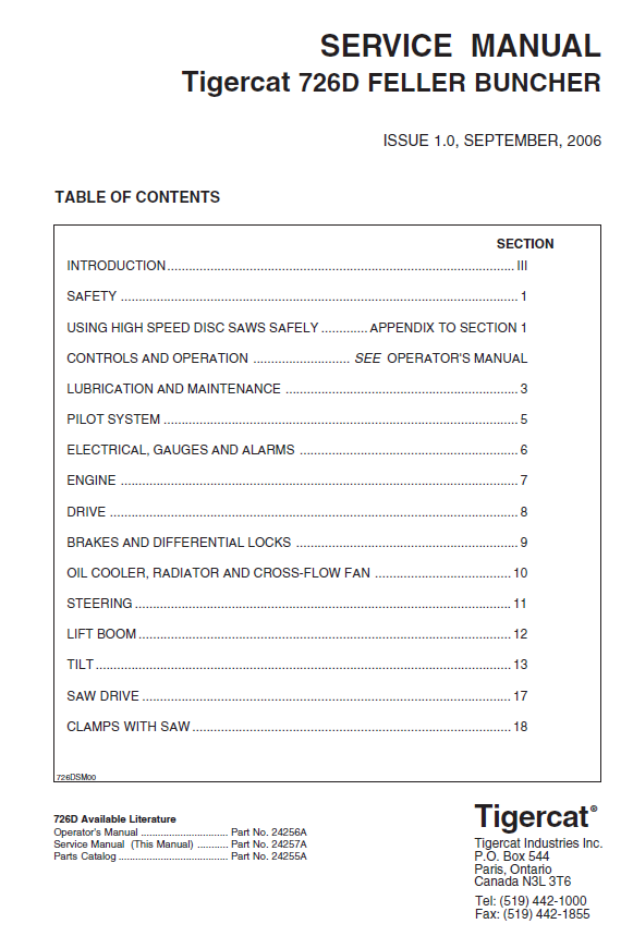 TIGERCAT 726D FELLER BUNCHER SERVICE MANUAL (7262001-7262499)
