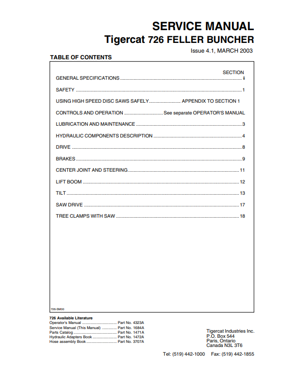 TIGERCAT 726 FELLER BUNCHER SERVICE REPAIR MANUAL (7260101-7260999)