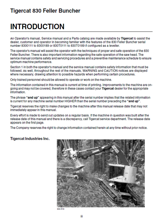 TIGERCAT 830 FELLER BUNCHER SERVICE MANUAL (8300113-8300499)