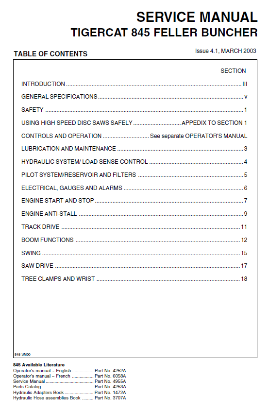 TIGERCAT 845 FELLER BUNCHER SERVICE MANUAL (8450101-8450475) - PDF FILE DOWNLOAD