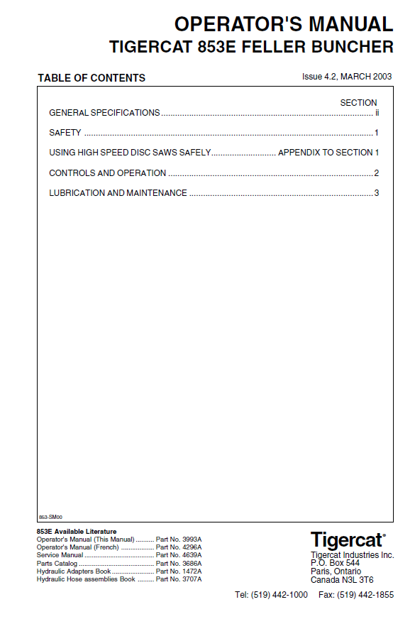 TIGERCAT 853E FELLER BUNCHER OPERATOR MANUAL (8530101-8530450)- PDF FILE DOWNLOAD