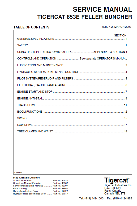 TIGERCAT 853E FELLER BUNCHER SERVICE MANUAL (8530101-8530450)