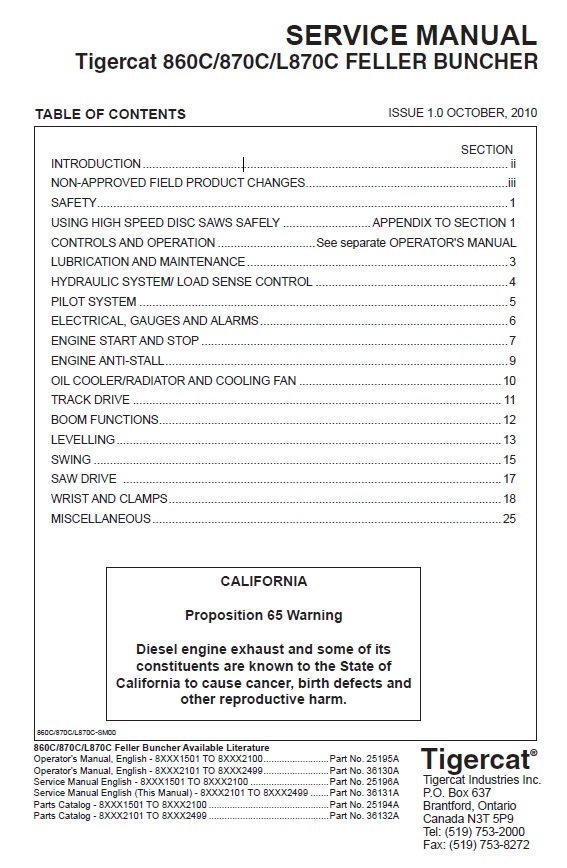 TIGERCAT 860C FELLER BUNCHER SERVICE MANUAL (86011501-86013500, 86012101-86012499)