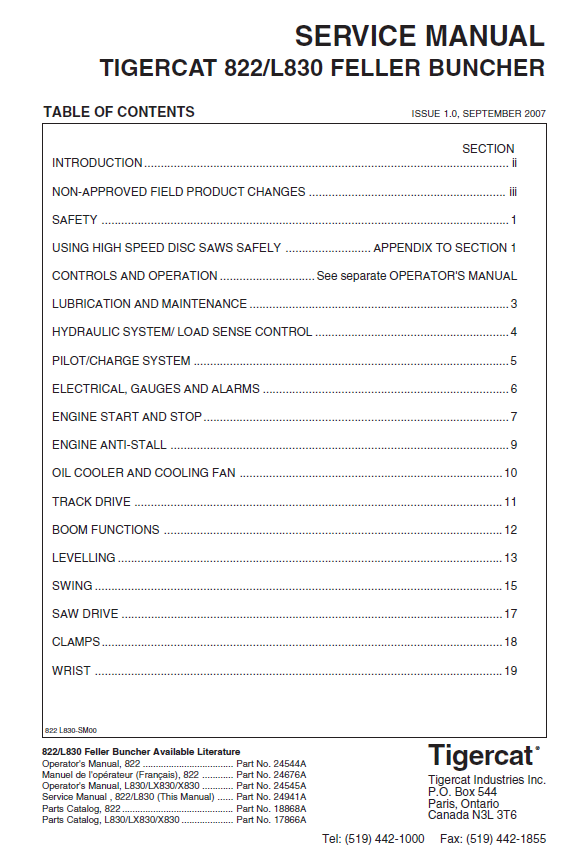 TIGERCAT L830 FELLER BUNCHER SERVICE MANUAL (830T0101-83020999, 83020191-83020999)