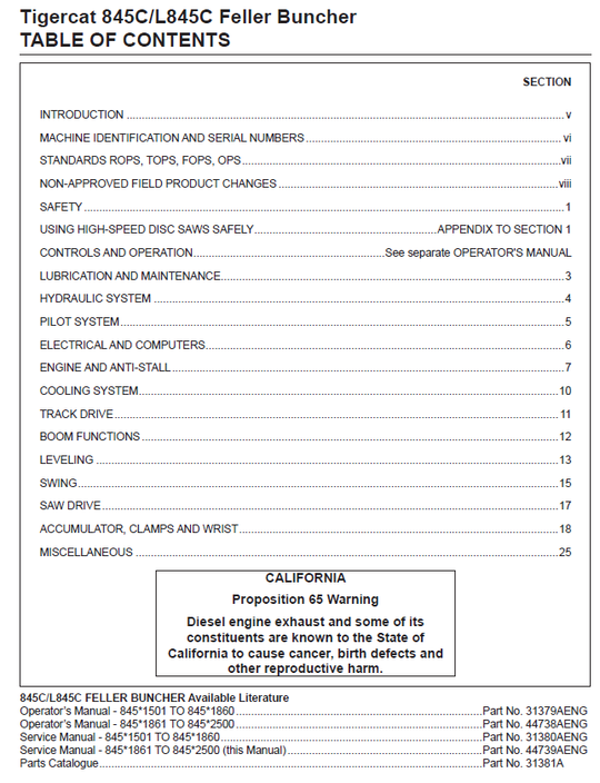TIGERCAT L845C FELLER BUNCHER SERVICE MANUAL (84521501-84522500, 84521861-84522500)