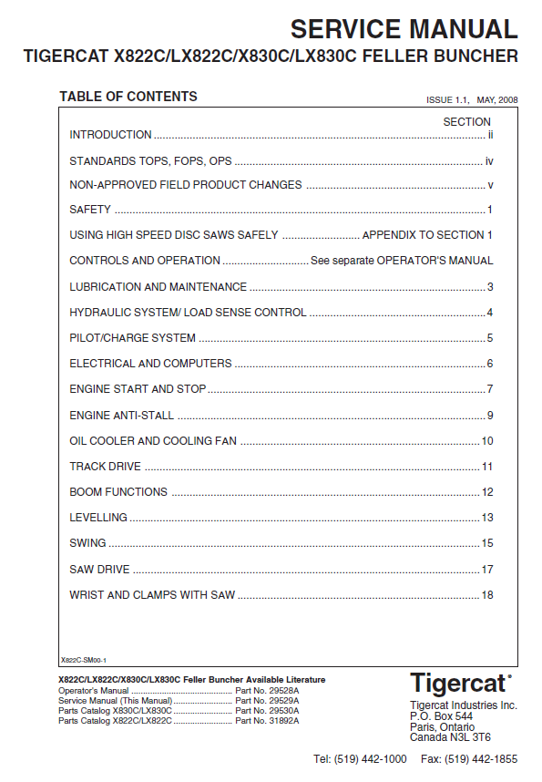 TIGERCAT X822C FELLER BUNCHER SERVICE REPAIR MANUAL (82261001-82263000, 82261001-82261999)