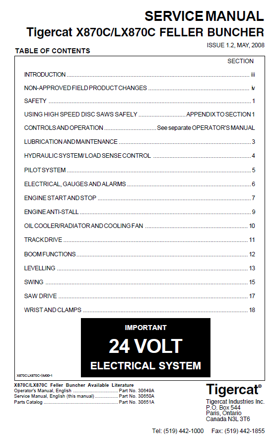 TIGERCAT X870C FELLER BUNCHER SERVICE REPAIR MANUAL (87061701-87063500, 87061701-87062100) - PDF FILE DOWNLOAD