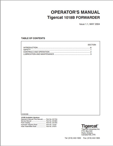 Tigercat Forwarder 1018B (10180501 – 10180599) Operator