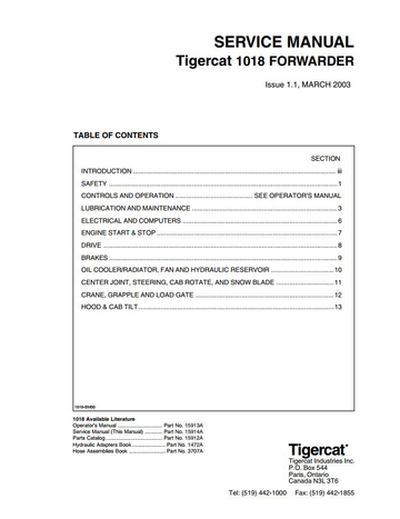 Tigercat Forwarder 1018 (10180101 – 10180499) Operator & Service