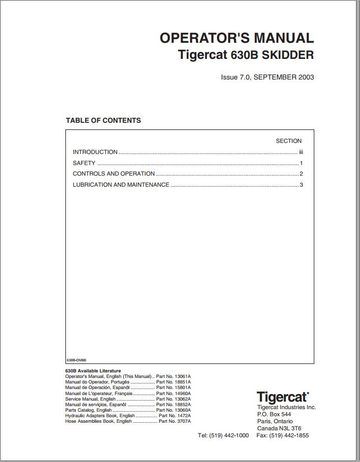 Tigercat Skidder 630B (6301001 – 6301999) Operator & Service