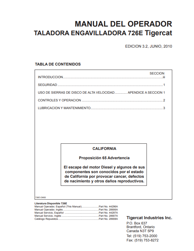 TIGERCAT 726E FELLER BUNCHER OPERATOR/USER MANUAL - SPANISH (7262501-7265000, 7262501-72 64000)