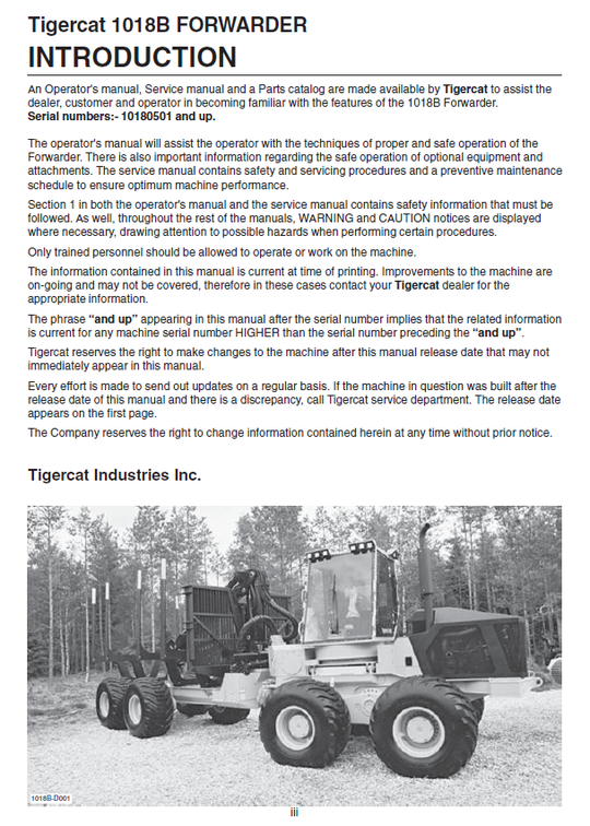 TIGERCAT 1018B FORWARDER OPERATOR/USER MANUAL (10180501-10180599)