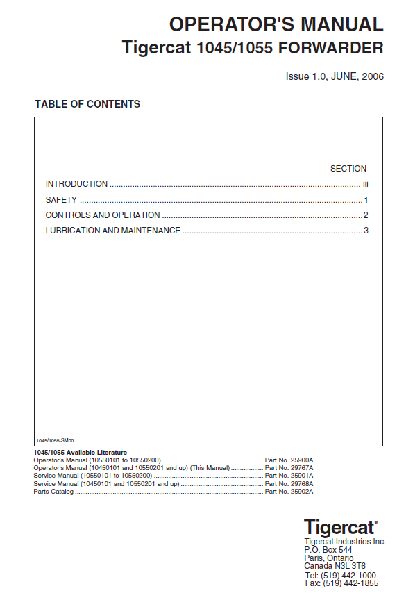 TIGERCAT 1045 FORWARDER OPERATOR/USER MANUAL (10450101-10450300)