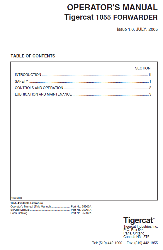TIGERCAT 1055 FORWARDER OPERATOR/USER MANUAL (10550101 10550300, 10550101-10550200)