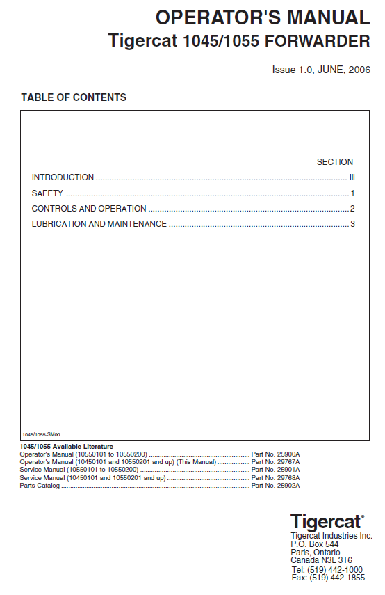 TIGERCAT 1055 FORWARDER OPERATOR/USER MANUAL (10550101 10550300, 10550201-10550300)