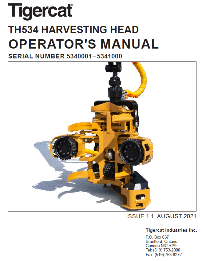 TIGERCAT TH534 HARVESTING HEAD OPERATOR/USER MANUAL (5340001-5341000) - PDF FILE DOWNLOAD