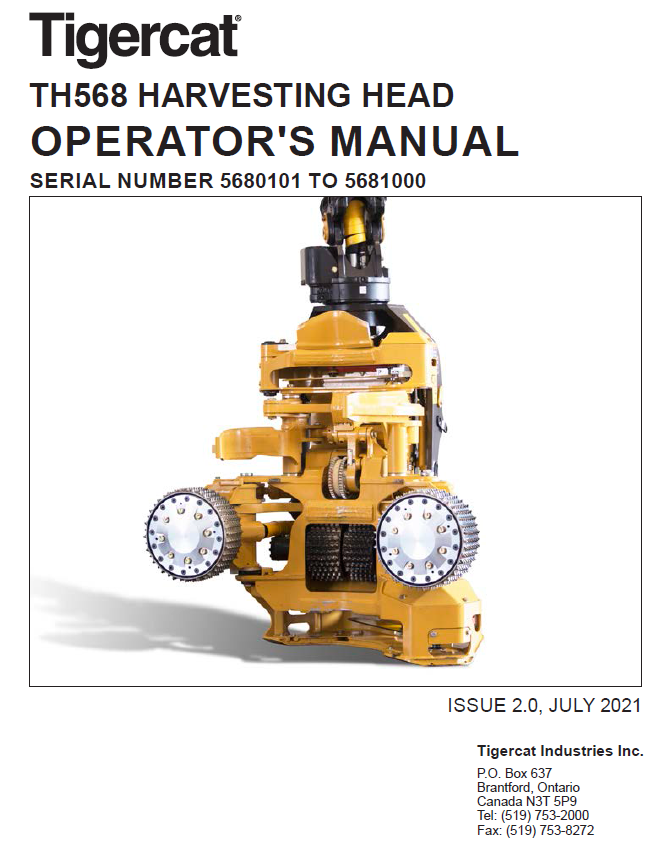 TIGERCAT TH568 HARVESTING HEAD OPERATOR/USER MANUAL (5680101-5681000)