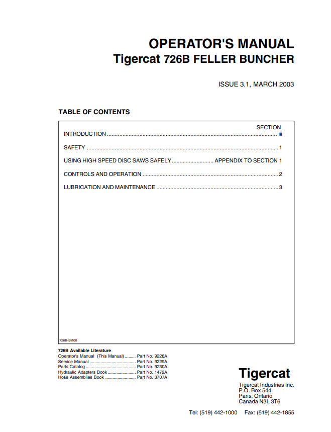 TIGERCAT 726B FELLER BUNCHER OPERATOR/USER MANUAL (7261001-7261999)