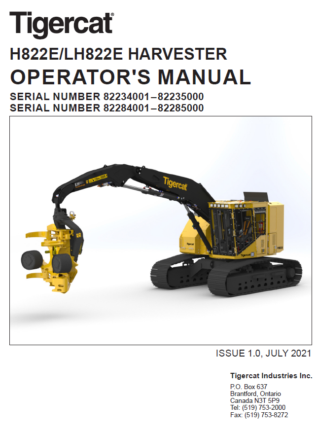 TIGERCAT LH822E HARVESTER OPERATOR'S/USER MANUAL (82284001-82285000)