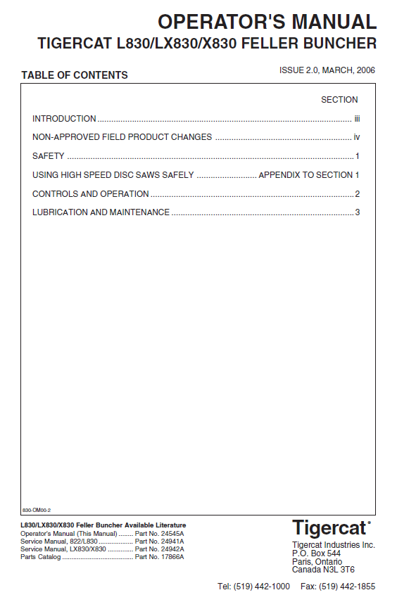 TIGERCAT X830 FELLER BUNCHER OPERATOR/USER MANUAL (83060191-83060999) - PDF FILE DOWNLOAD