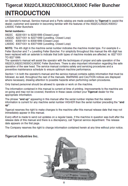 TIGERCAT X830C FELLER BUNCHER OPERATOR/USER MANUAL (83061001-83063000, 83061001-83061999)