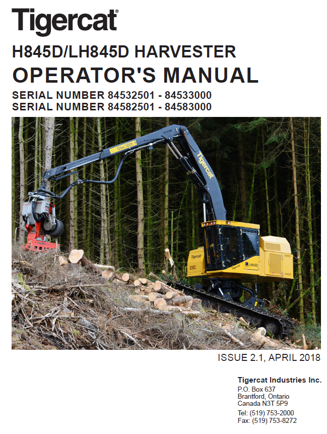 TIGERCAT LH845D HARVESTER OPERATOR/USER MANUAL (84582501-84583000)
