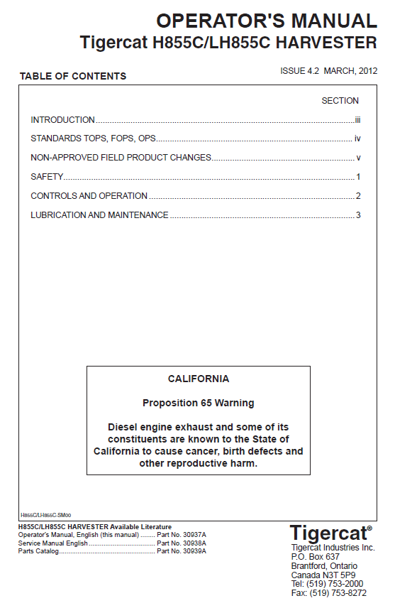 TIGERCAT H855C HARVESTER OPERATOR/USER MANUAL (85530101-85532000, 85530101-85531000)