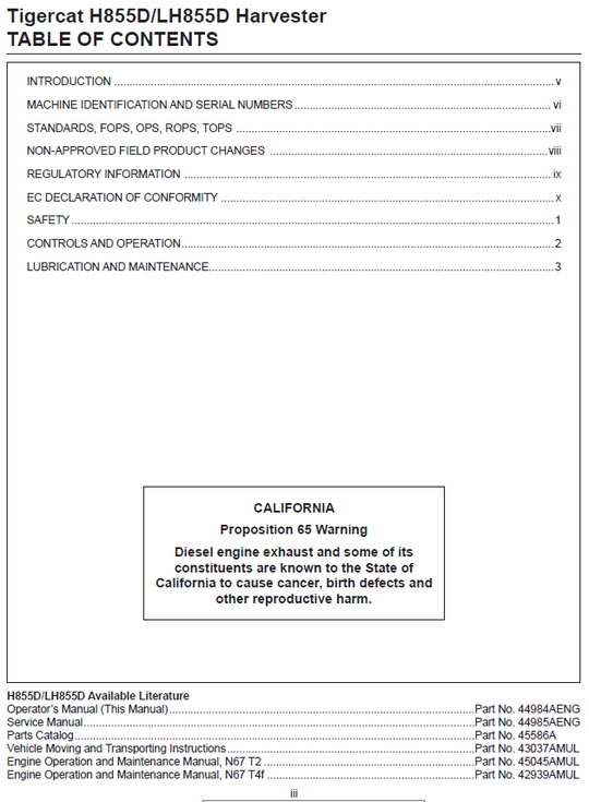 TIGERCAT LH855D HARVESTER OPERATOR/USER MANUAL (85582001-85583000)