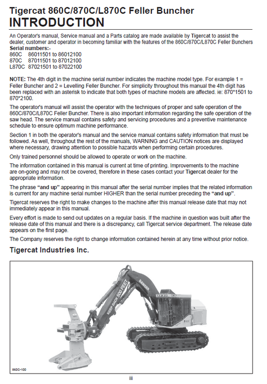 TIGERCAT 870C FELLER BUNCHER OPERATOR/USER MANUAL (87011501-87013500, 87011501-87012100)