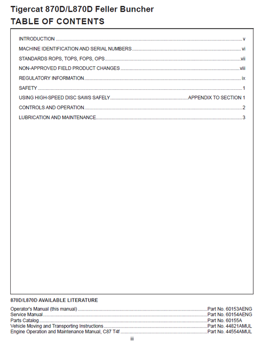 TIGERCAT 870D FELLER BUNCHER OPERATORS/USER MANUAL (87013501-87015000)
