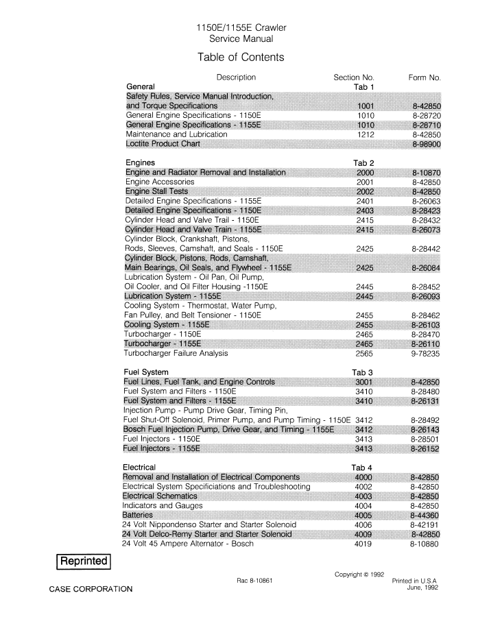 Case 1150E, 1155E Crawler Dozer Service Repair Manual Rac 8-10861 - PDF File Download
