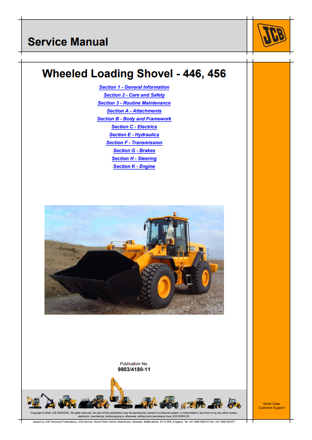 JCB 426, 436 & 446 Wheeled Loader Workshop Service Repair Manual 9803-4180