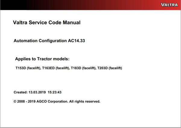 VALTRA AUTOMATION CONFIGURATION AC14.33 SERVICE CODE MANUAL