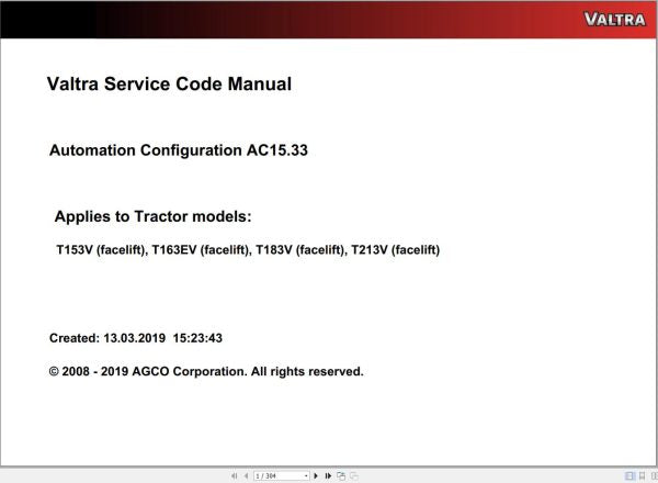 VALTRA AUTOMATION CONFIGURATION AC15.33 SERVICE CODE MANUAL