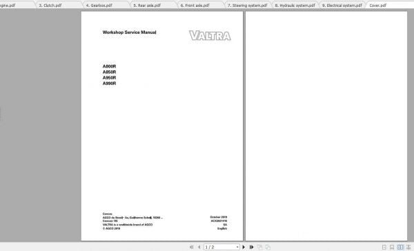 Valtra SA Tractor A800R A850R A950R A990R Workshop Service Manual PDF