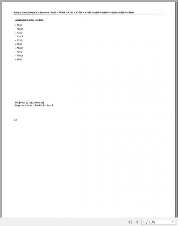 Valtra SA Tractor A Series GII Repair Time Schedule Manual PDF