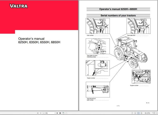 VALTRA TRACTOR 6250H, 6350H, 6550H, 6850H OPERATOR’S MANUAL