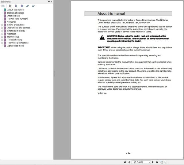 VALTRA Tractor N134D1B7, N1154ED1B7 & N174D1B7 Operator’s Manual 39920212